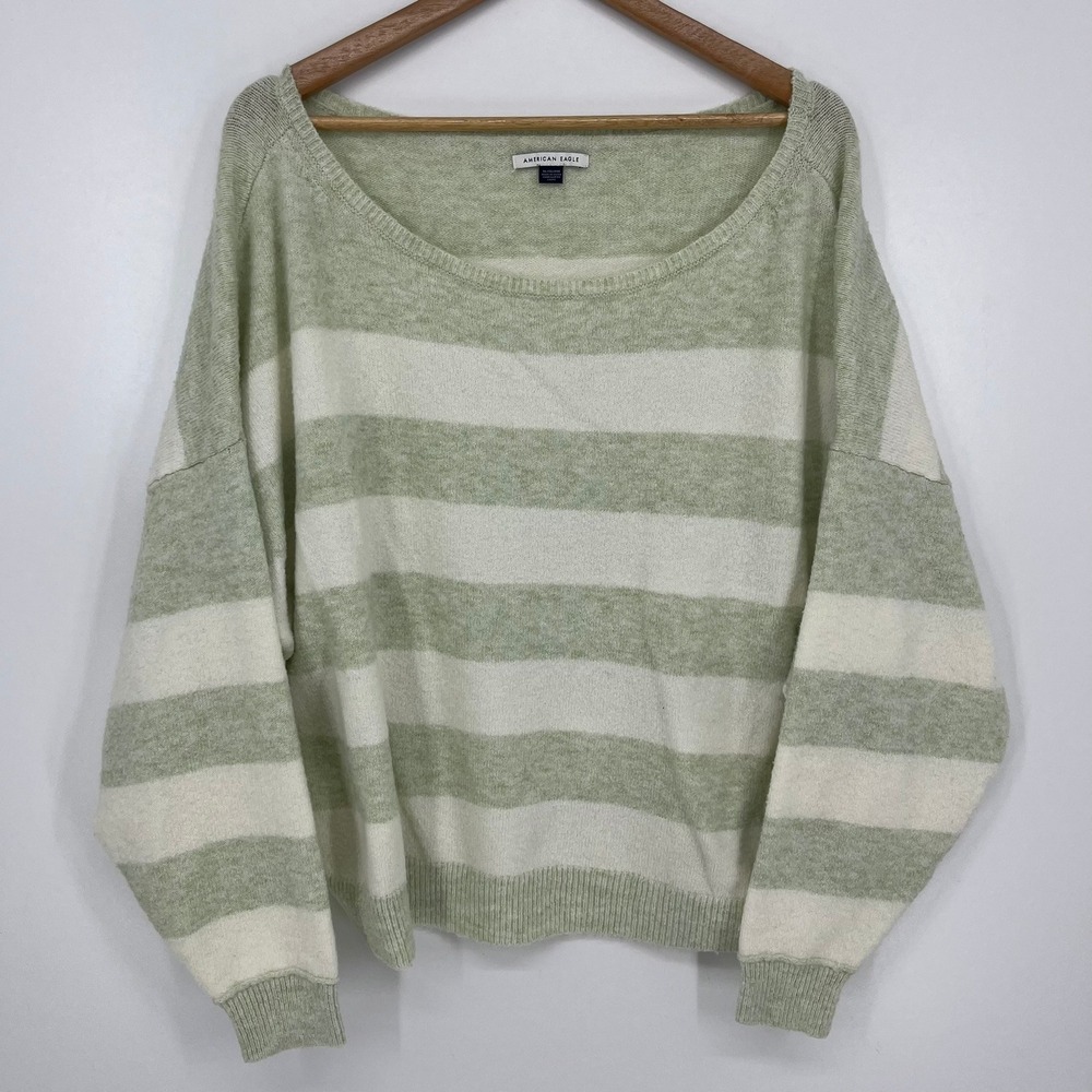 American Eagle Striped Scoop Neck Sweater XL Sage Green Cream Knit